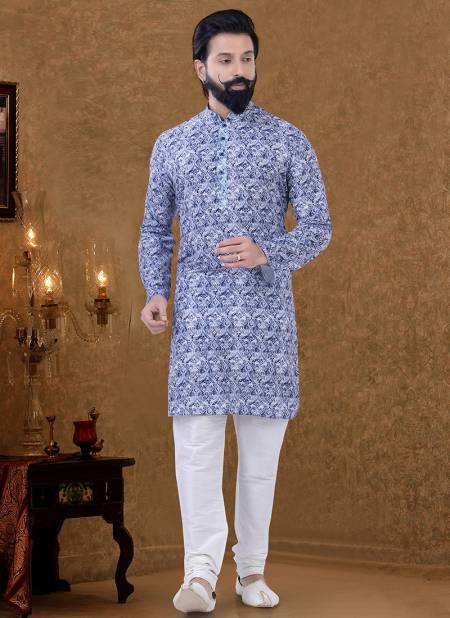 Dark Blue Colour New Printed Ethnic Wear Cotton Mens Kurta Pajama Collection KS 1553
